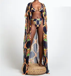 Bata de bikini de una pieza con estampado africano, Media manga, longitud completa, kimono de gasa, ropa de playa, 2020