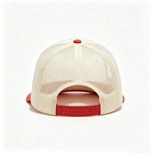 Casquette unisexe en toile 5 panneaux personnalisée avec broderie ACE, bicolore crème et rouge, dos en maille respirante et mousse, pour streetwear et activités de plein air - Product Image 5