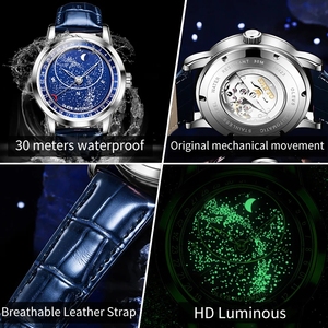 Reloj Mecánico Automático de Fase Lunar para Hombre, de Acero Inoxidable, con Correa de Cuero Azul, de Lujo, con Cristal y Agujas, Resistente al Agua 3BAR, 9923 - Product Image 4