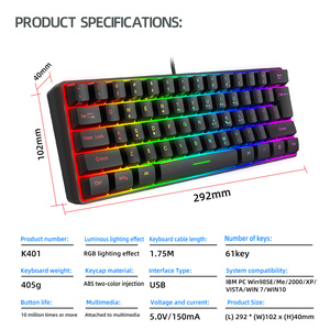 Combinaisons de couleurs multiples, 61 touches, <span class=keywords><strong>clavier</strong></span> de jeu <span class=keywords><strong>pour</strong></span> ordinateur USB filaire RGB 60%, petit <span class=keywords><strong>clavier</strong></span> noir - Product Image 6