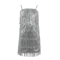 Robe à franges et sequins pour enfants, robe de princesse scintillante argentée à volants et bretelles à pompons pour filles, tenue de danse pour enfants