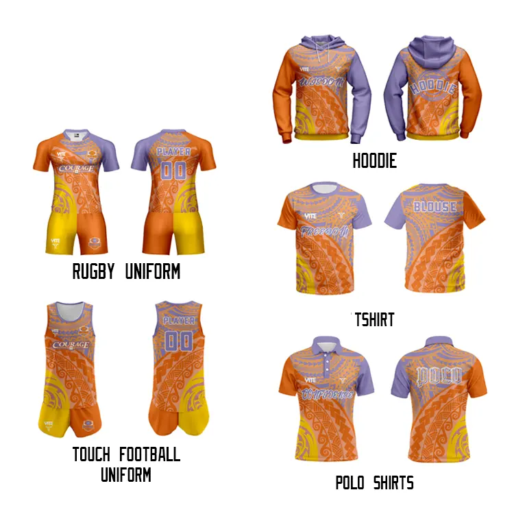 Custom Rugby Baby Wear Full Color Gesublimeerde Rjersey Rugby Snel Droog Oranje En Paars Rugby Uniform Voor Mannen Sets