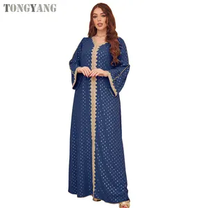 TONGYANG Dubai Gaun Wanita Muslim Polka Dot Cetak V-Neck Pita Renda Gaun Panjang Elegan Jubah Islam Abaya Kaftan Ramadan