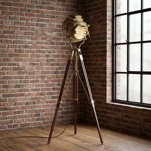 Projecteur de sol classique en laiton finition nautique antique avec trépied en bois - Product Image 2