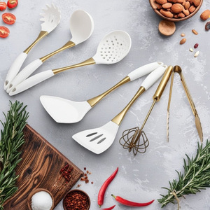 White Gold <b>Silicone</b> Kitchenware Set 8 Piece Non Stick Heat Resistant Spatula Spoon Cooking <b>Tool</b> Set - Product Image 1