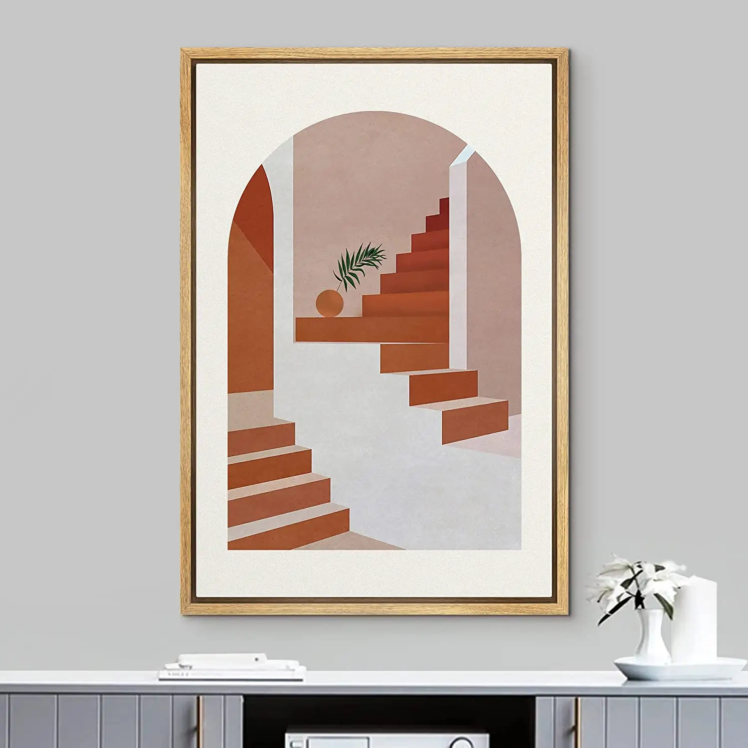 Картина на холсте с рамкой, настенное искусство, арка, комната с коралловыми лестницами и пальмовыми листьями, геометрические фигуры, иллюстрации, современное искусство середины века