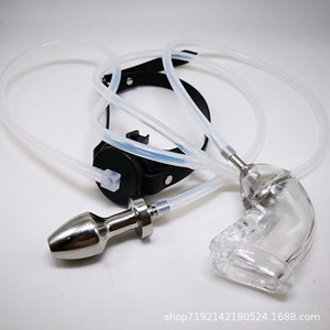 Gabbia di castità maschile BDSM con blocco, tappo orale per il flusso urinario, gabbia per il pene con lavaggio anale, giocattoli sessuali fetish per adulti - Product Image 5