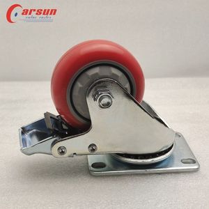 Roues en polyuréthane rouge de 3 pouces, roulettes industrielles en acier de moyenne capacité avec frein, roulement à billes, fonctionnement silencieux - Product Image 3