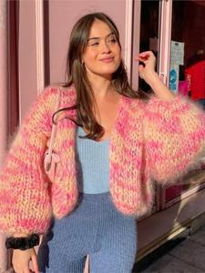 Otoño moda Casual Streetwear Rosa rayas manga larga linterna suelta Mohair Crochet cárdigan corto suéter de mujer - Product Image 2