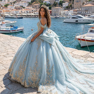 Vestido de Gala Largo Vintage Lsmc134 con Apliques y Pedrería, Color Verde Menta Natural, para Quinceañera, Fiesta de 16 Años, Baile de Graduación - Product Image 2