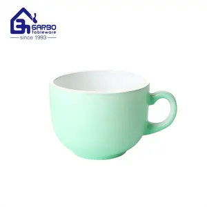 中国工厂经典形状花式绿色牛奶杯钢化蛋白石玻璃咖啡茶杯带手柄早餐