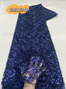 Pizzo Africano con Paillettes 2026, Tessuto in Tulle Francese Ricamato con Perline, <span class=keywords><strong>Blu</strong></span> Navy, Pizzo Nigeriano per Abiti da Sposa e Feste - Product Image 1
