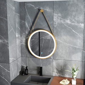 Miroir <span class=keywords><strong>de</strong></span> <span class=keywords><strong>salle</strong></span> <span class=keywords><strong>de</strong></span> <span class=keywords><strong>bain</strong></span> LED rond noir encadré avec sangle en cuir, rétroéclairage halo tactile pour hôtel moderne industriel, vente en gros - Product Image 3