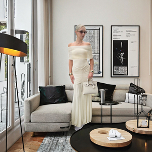 Eleganti abiti Casual Sexy Midi da donna in Mesh increspato con spalle scoperte per <span class=keywords><strong>vacanze</strong></span> primavera estate autunno inverno per eventi serali - Product Image 2