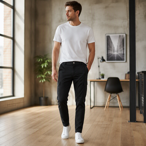 Men's Lightweight Stretch Cotton Canvas <b>Cargo</b> <b>Pants</b> Slim Tapered Flat Front Mid Rise <b>Elastic</b> <b>Waist</b> Casual Streetwear - Product Image 5