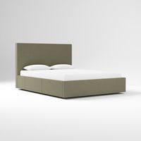 Lit double contemporain minimaliste de luxe léger, couleur personnalisée, en bois massif, avec tête de lit cintrée entièrement recouverte de tissu et rangement intégré