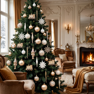 Ensemble <span class=keywords><strong>de</strong></span> 50 boules <span class=keywords><strong>de</strong></span> Noël en or champagne, peintes à la main, ornements en forme <span class=keywords><strong>de</strong></span> <span class=keywords><strong>casse</strong></span>-noisettes et <span class=keywords><strong>de</strong></span> flocons <span class=keywords><strong>de</strong></span> neige pour les arbres <span class=keywords><strong>de</strong></span> Noël - Product Image 2