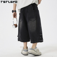 Pantalones Cortos de Mezclilla para Hombre, Tejidos con Tela Sostenible, Corte Recto, Personalizados, Estilo Baggy, Desgastados, Lavado Oscuro, Vintage Y2K, Verano
