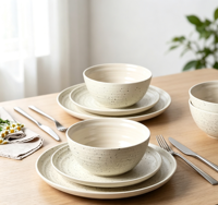 Ensemble de vaisselle moderne en grès motif graines de sésame, vente en gros, assiettes et bols en céramique assortis, service de table 12 pièces avec finition mate