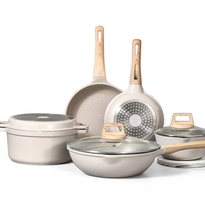 Chất lượng cao 8 Miếng không dính Cookware Set New Arrival Home sử dụng hợp kim nhôm tay cầm bằng gỗ Cookware Set - Product Image 1