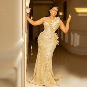 <strong>Arabic</strong> Mermaid Evening <strong>Dresses</strong> O Neck Lace up Closure Sequined Beading 3D Floral <strong>Women</strong> Wedding Party Celebrity Gowns Customized - Product Image 1