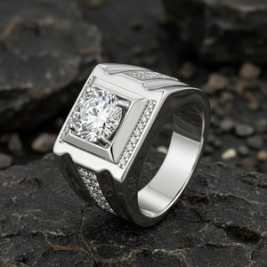 Anillo de cóctel clásico de oro amarillo con moissanita, corte brillante redondo, engaste de garras, diseño geométrico, joyería de compromiso para hombre - Product Image 4
