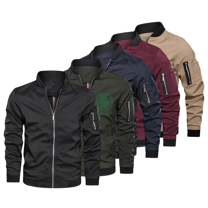 Custom Men's Zip Up Bomber Black Jackets Long Sleeve Casual Men's Polyester Coat Bomber Jacket