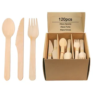 140mm B Grade Disposable Wooden Spoon Fork Knife Cutlery Set