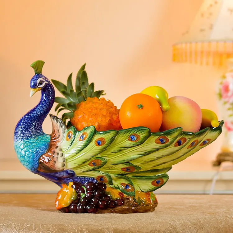 צלחת פירות טווס ירוק וכחול יצירתי קישוט שולחן יבש מתנות לבית חדש לחתונה מגש פירות קרמיקה אירופאי