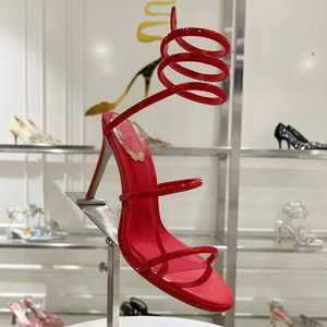 Zapatos de Diseñador de Moda, Sandalias de Tacón Alto Rojas con Tiras en el Tobillo, Sandalias Populares para Mujer, Sandalias de Tacón Delgado - Product Image 2