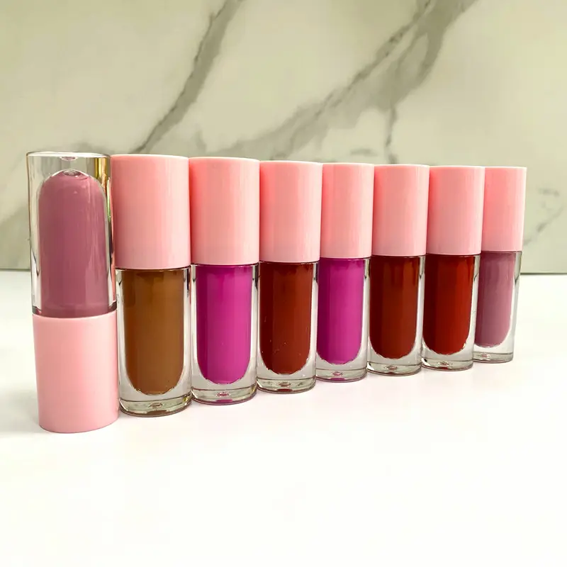 Pırıltılı dudak parlatıcısı pembe tüp özel etiket özelleştirmek pembe ruj kabı çıplak renk vegan lipgloss