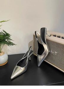 Sandalias de Tacón Fino con Punta en Pico Plateadas, Elegantes, Estilo Francés, Sin Talón, Formales, para Mujer, Primavera, Verano, Otoño - Product Image 4