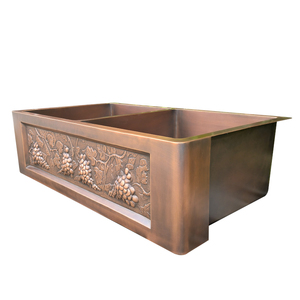Évier de <span class=keywords><strong>cuisine</strong></span> de luxe <span class=keywords><strong>90</strong></span> <span class=keywords><strong>cm</strong></span> en cuivre finition antique, fait main, couleur café clair, double bac, installation à encastrer, deux compartiments - Product Image 4