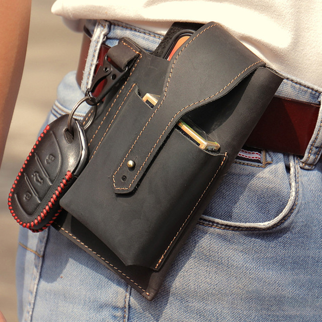Vintage Genuine Leather Men's Fanny Pack Waist Belt Pouch Vertical Mobile Phone Holster Key Holder Outdoor Tactical Belt Bag