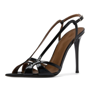 Sandales à talons aiguilles en cuir verni pour femmes, à lanières multiples et boucles, avec bride de cheville, bout pointu, vente en gros OEM - Product Image 6