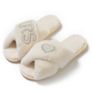 Soft Plush Faux Fur Warm Thick Comfortable Pearl Embroidery Wedding Home Indoor Ladies <b>Slippers</b> - Product Image 2