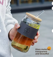 Gobelet en verre sodocalcique avec couvercle en bois de bambou et paille, design moderne et minimaliste, couleur unie, étanchéité anti-fuite, résistant aux hautes températures