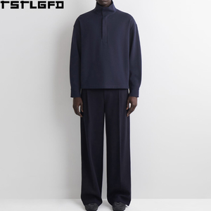 Sweat-shirt à col montant zippé pour homme, bleu marine, avec patte de boutonnage cachée, 100% coton, coupe oversize, hiver - Product Image 1
