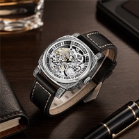 Neues doppelseitiges, durchbrochenes, vollautomatisches mechanisches Vintage-Uhrwerk mit graviertem Leuchtzeiger, echtem Lederarmband, Metallgehäuse, 42 mm, 30 m wasserdicht