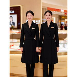 Women's Black Wool Coat Thickened Warm Work Uniform For Jewelry Shop Salesperson Professional Long Sleeve Winter Outerwear - Product Image 1