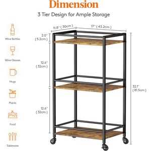 Kitchen Wooden &amp; Metal Storage Shelf 3-Tier Bar Serving Rolling Cocktail <strong>Trolley</strong> Bar Storage Shelf <strong>on</strong> Lockable <strong>Wheels</strong> - Product Image 5