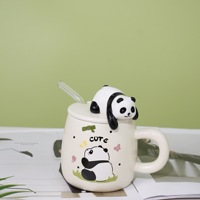 Taza de Cerámica con Diseño de Panda en Relieve, Linda y Creativa, con Tapa y Pajita, de Porcelana, 420 ml