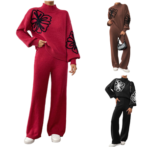 Ensemble deux pièces pull ample à manches lanternes et pantalon décontracté à jambes larges pour femme, motif floral, collection hiver, vente en gros, personnalisation OEM - Product Image 1