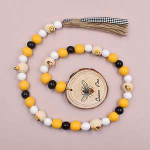 Guirnalda de cuentas de madera hecha a mano de resortes con diseño rústico, cuentas de granja de madera Natural de 86cm y etiqueta de abeja para decoración de pared - Product Image 2