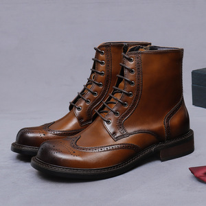 Men's handcrafted genuine leather boots, brown leather dress casual <b>shoes</b> - Product Image 1