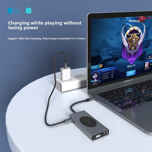 13-in-1 Aluminum Alloy Type-C Docking Station USB Hub with for 4K 30Hz 15W Wireless Phone Charger RJ45 Gigabit Ethernet Adapter