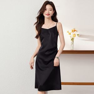 French Style Slip Dress Women Mid Length Acetate Satin <b>Spaghetti</b> <b>Strap</b> Solid Color Black Dress Daily Wear Casual Dresses - Product Image 1