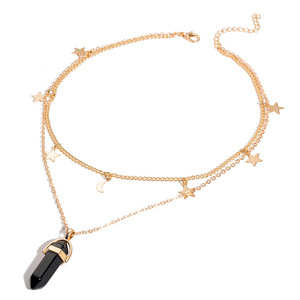 Collar con colgante de amatista de cristal de péndulo Hexagonal de piedra Natural, collar de cadena con capas de estrella y Luna para mujer - Product Image 6
