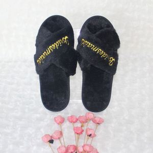 Pantuflas de Felpa Bordadas para Mujer, Creativas, para Novia, Damas de Honor, Accesorios para Fotos de Boda, Zapatos Románticos para Luna de Miel, para Bodas de Invierno - Product Image 2