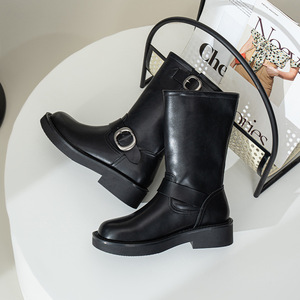 Nuevas Botas de Media Pantorrilla Estilo <span class=keywords><strong>Biker</strong></span> con Hebilla Metálica Retro, Punta Redonda, Aspecto Desgastado, de Microfibra, Impermeables, para Otoño/Invierno - Product Image 2